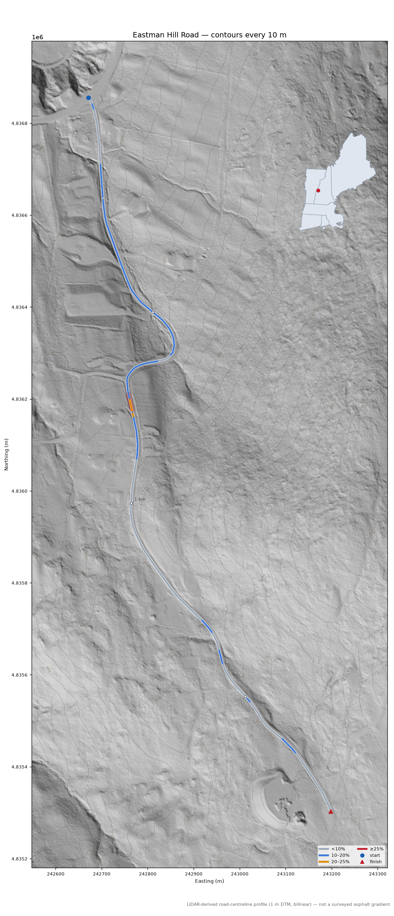 Eastman Hill Road LiDAR hillshade map with contours
