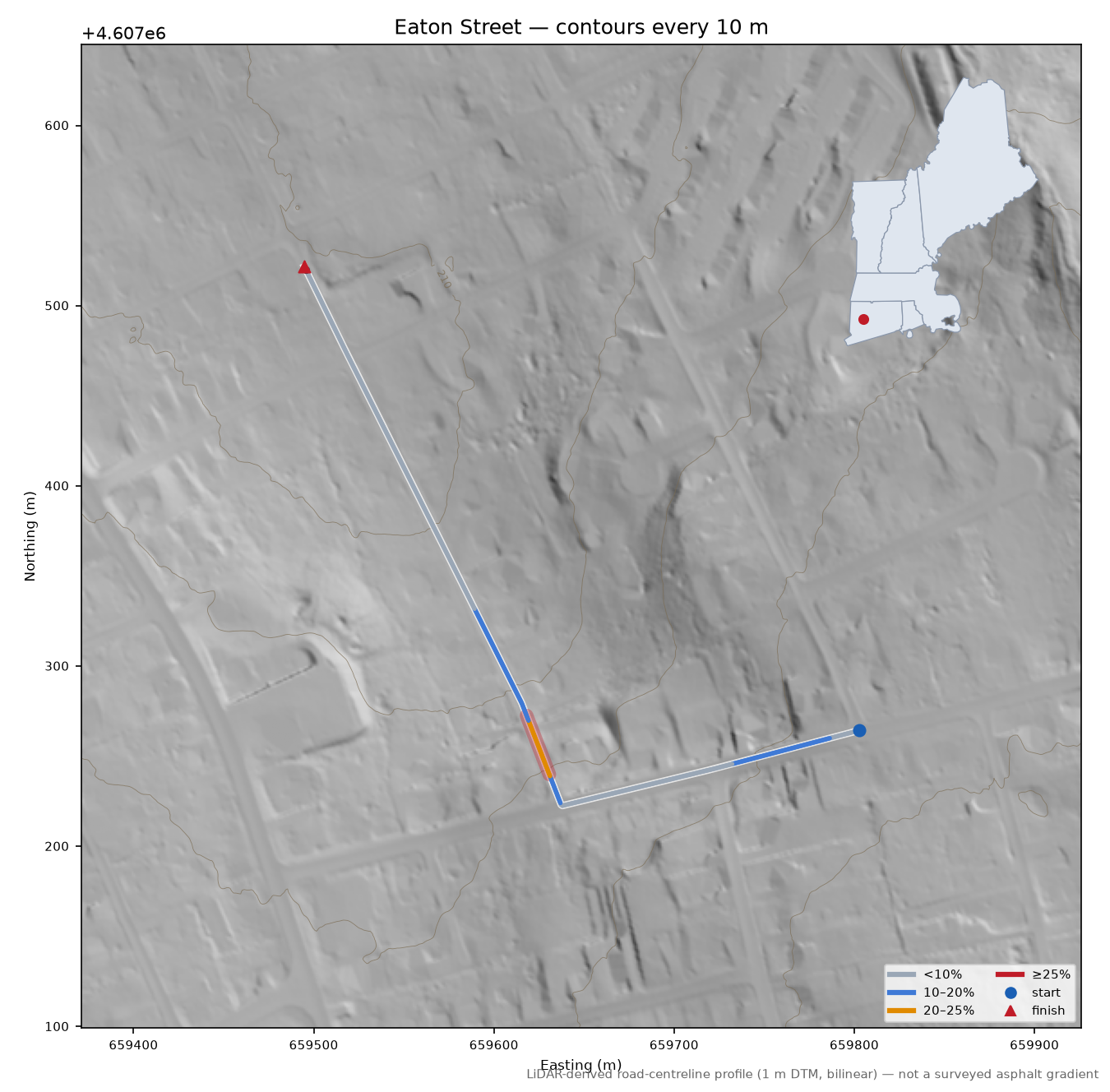 Eaton Street LiDAR hillshade map with contours
