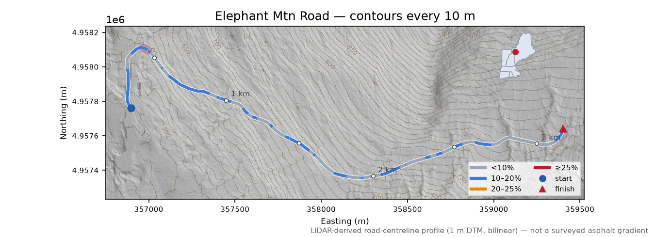 Elephant Mtn Road LiDAR hillshade map with contours