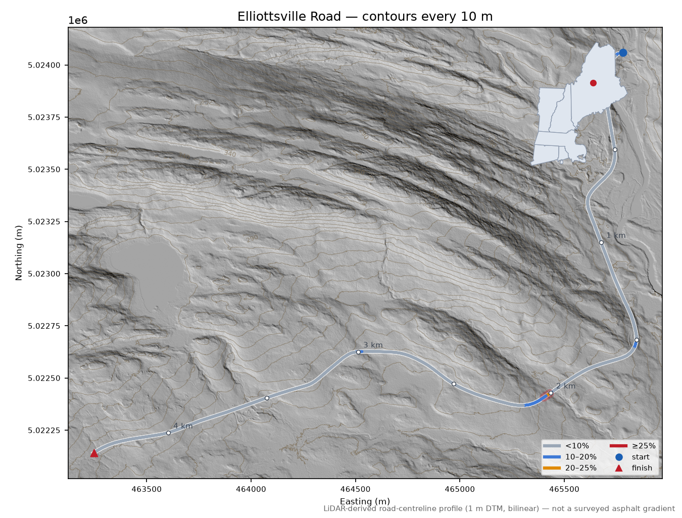 Elliottsville Road LiDAR hillshade map with contours