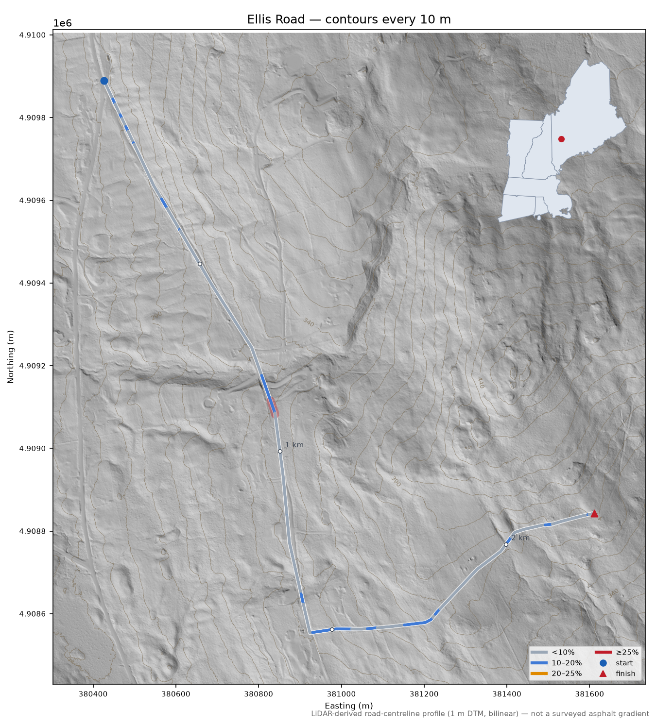 Ellis Road LiDAR hillshade map with contours