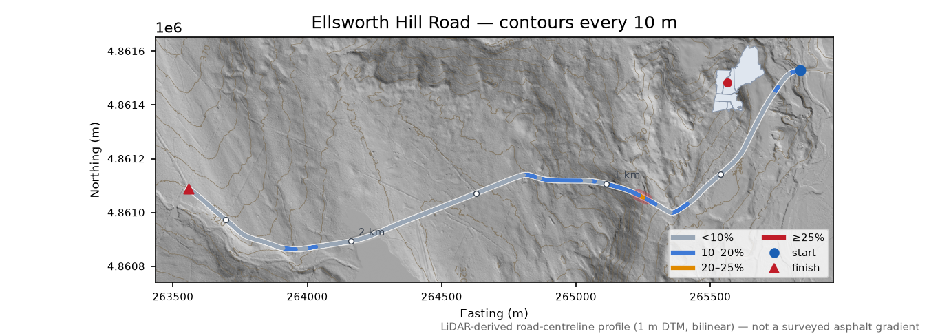 Ellsworth Hill Road LiDAR hillshade map with contours
