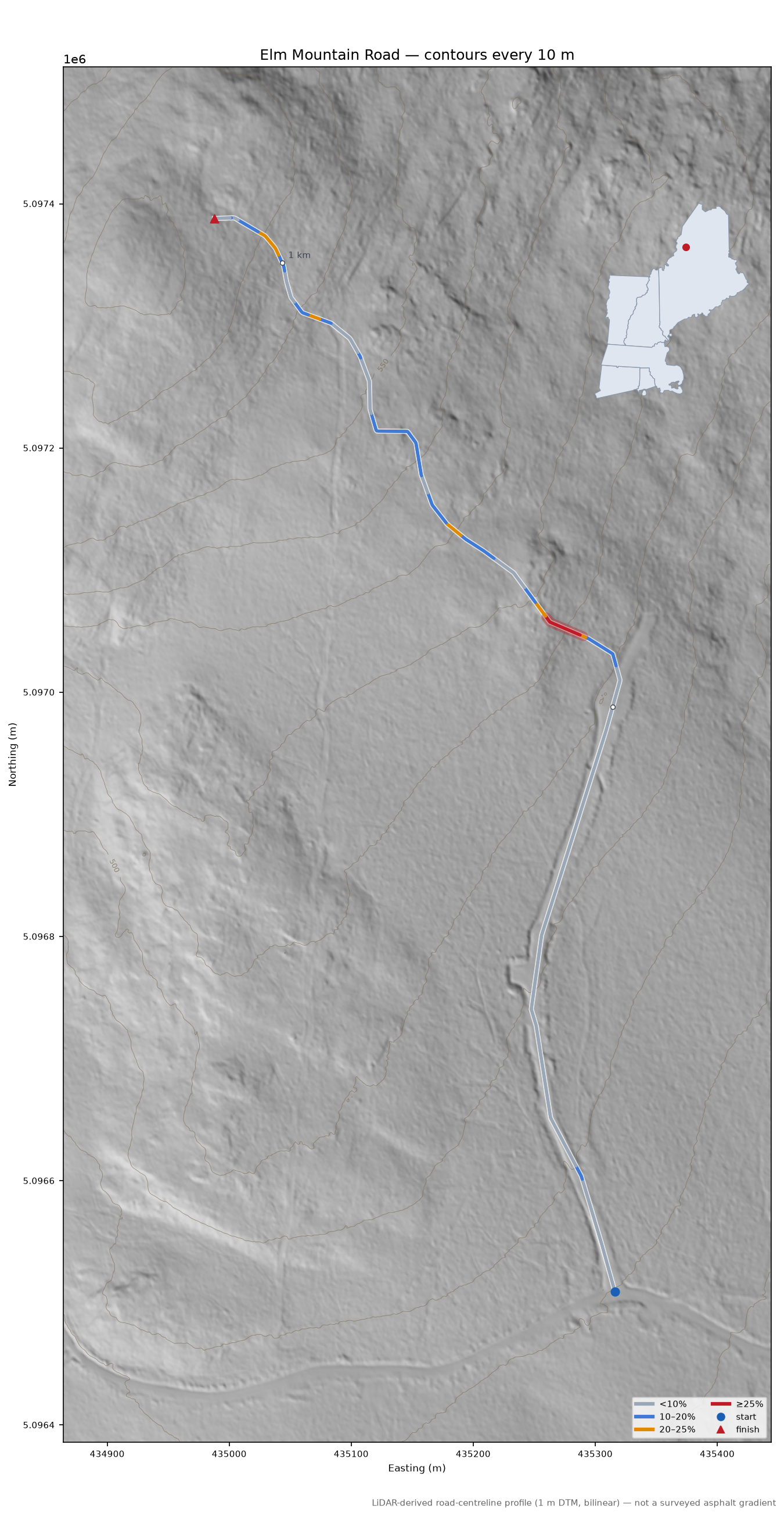 Elm Mountain Road LiDAR hillshade map with contours
