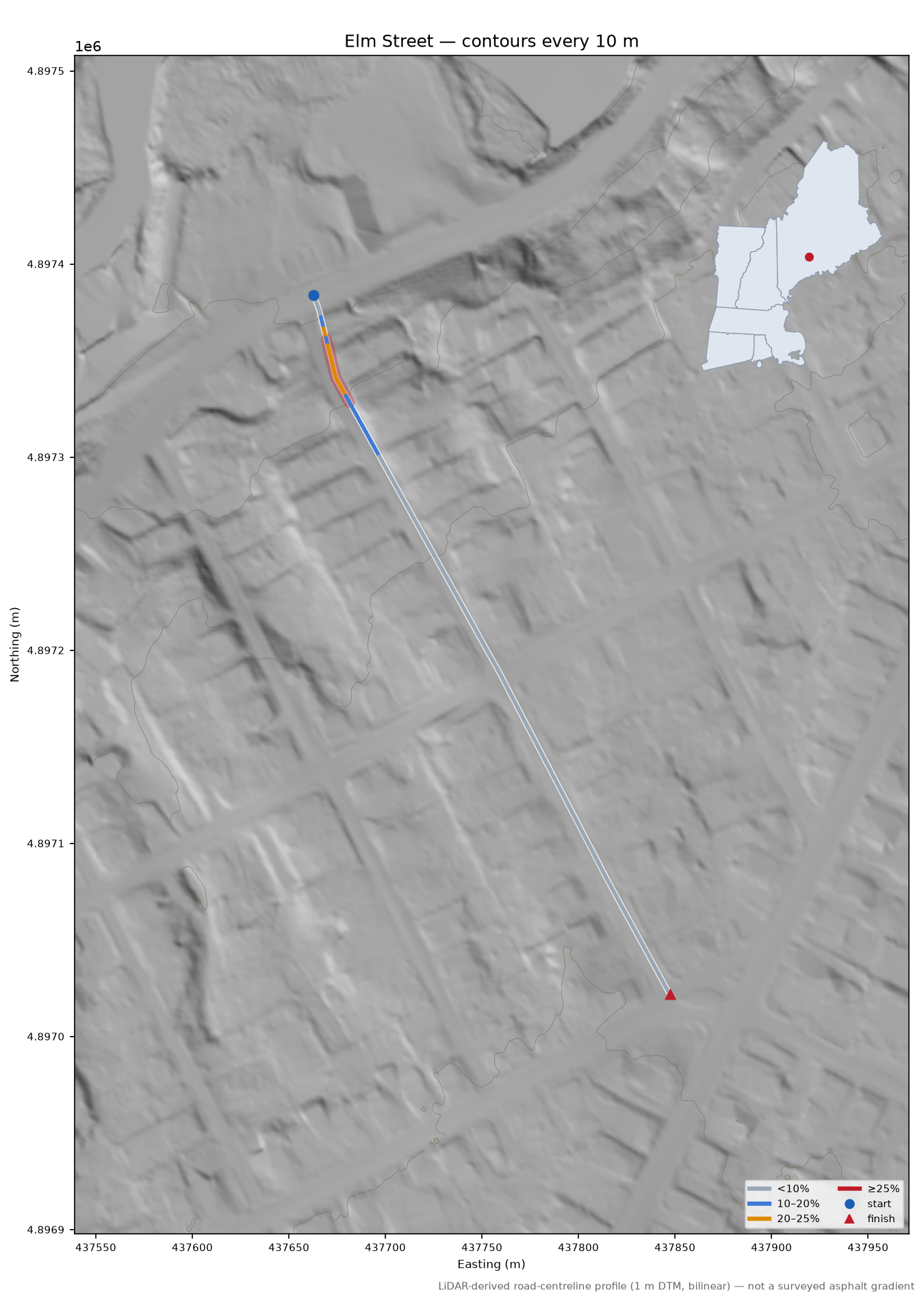 Elm Street LiDAR hillshade map with contours