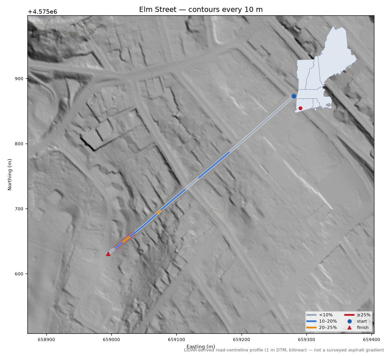 Elm Street LiDAR hillshade map with contours