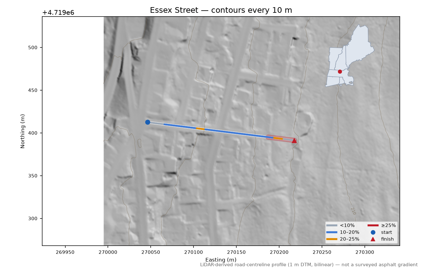 Essex Street LiDAR hillshade map with contours