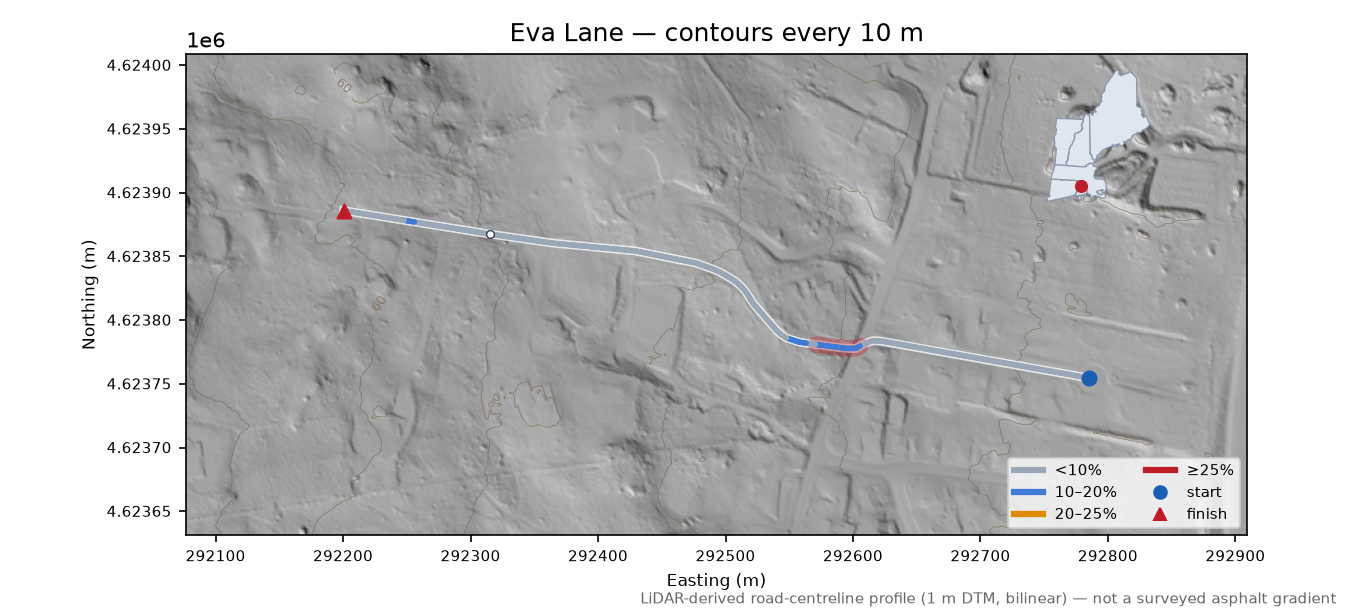 Eva Lane LiDAR hillshade map with contours