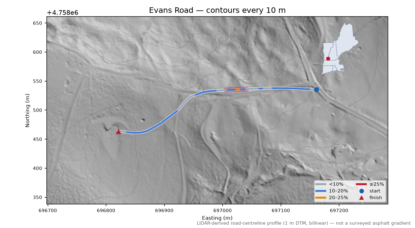 Evans Road LiDAR hillshade map with contours