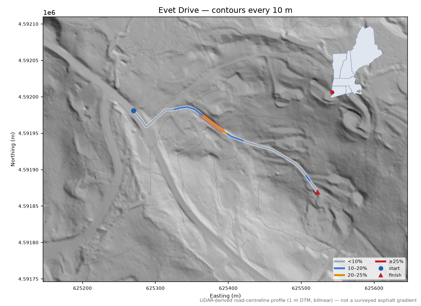 Evet Drive LiDAR hillshade map with contours