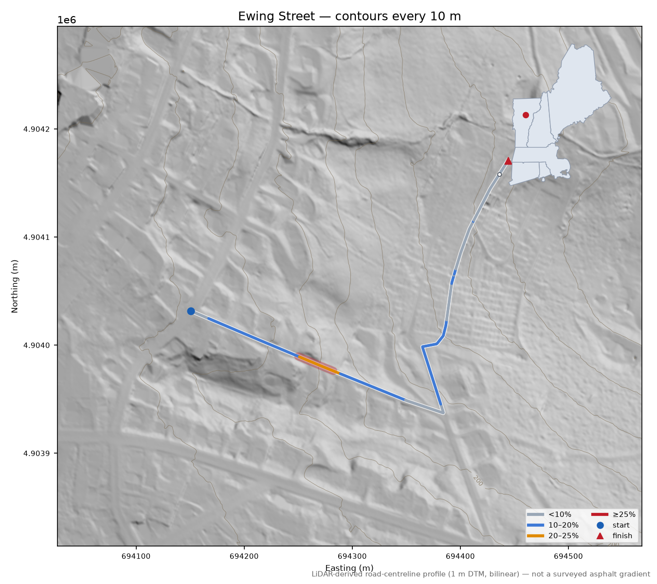 Ewing Street LiDAR hillshade map with contours