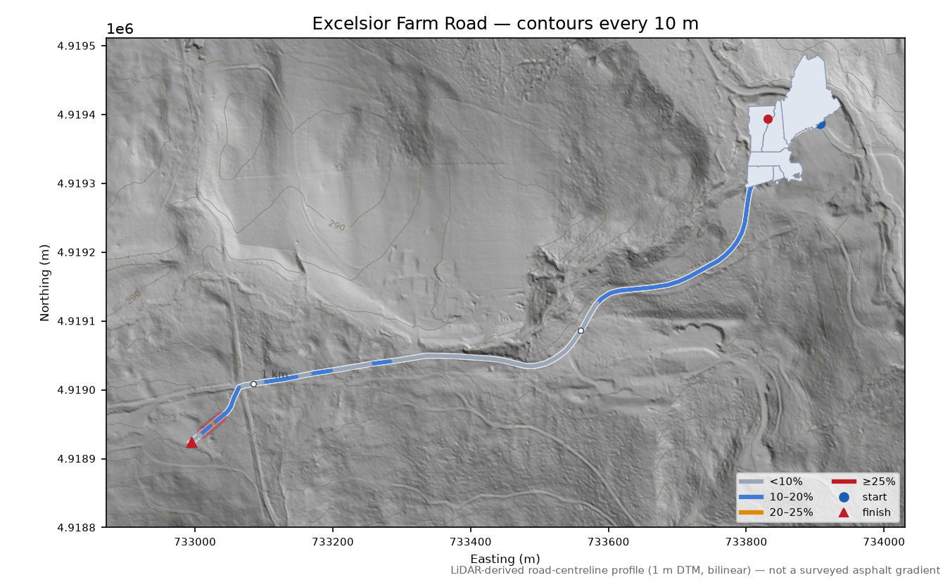 Excelsior Farm Road LiDAR hillshade map with contours