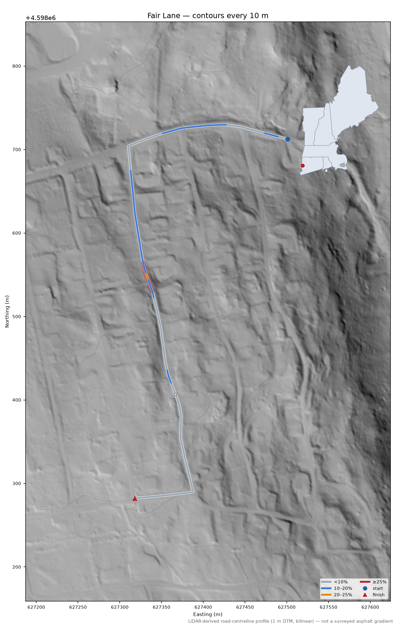 Fair Lane LiDAR hillshade map with contours