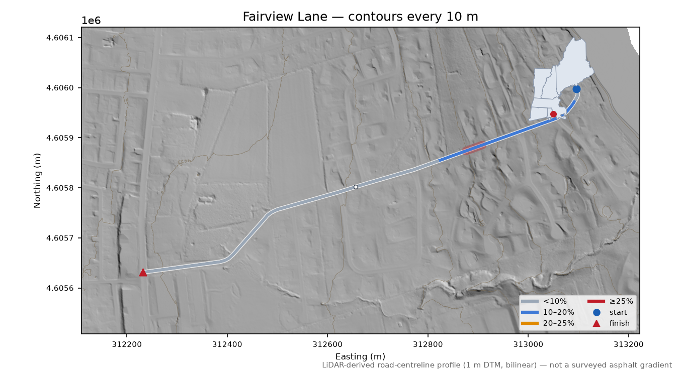 Fairview Lane LiDAR hillshade map with contours