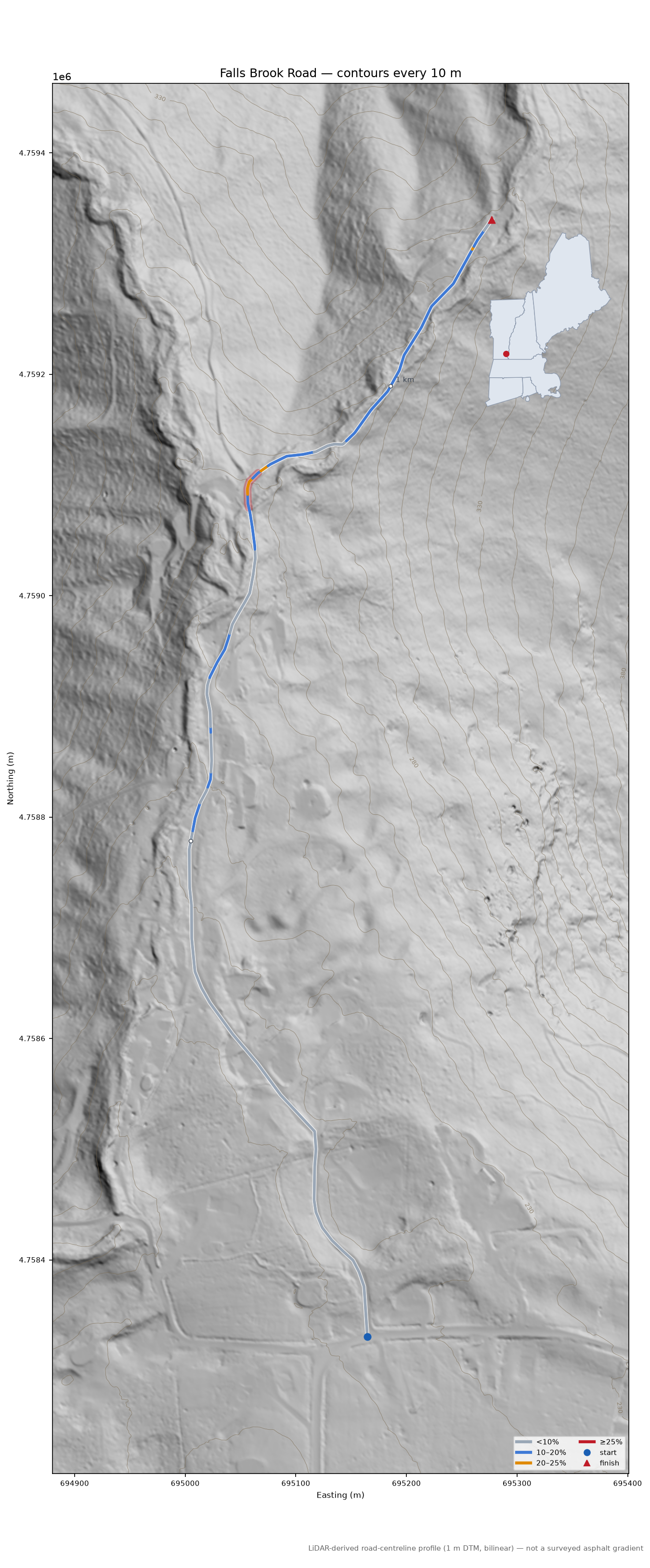 Falls Brook Road LiDAR hillshade map with contours
