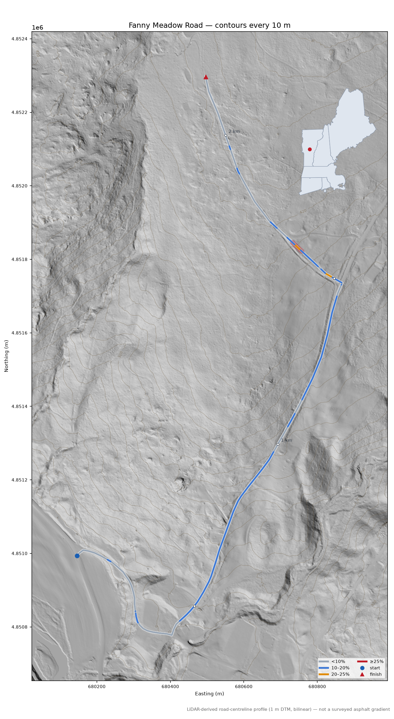 Fanny Meadow Road LiDAR hillshade map with contours