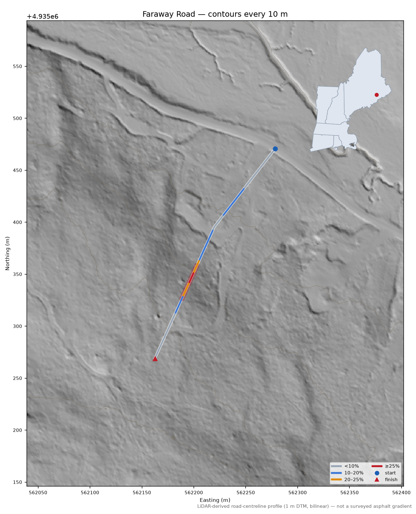 Faraway Road LiDAR hillshade map with contours