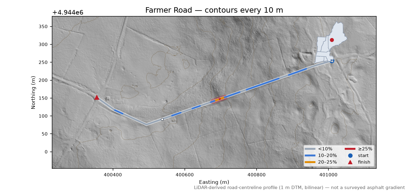Farmer Road LiDAR hillshade map with contours