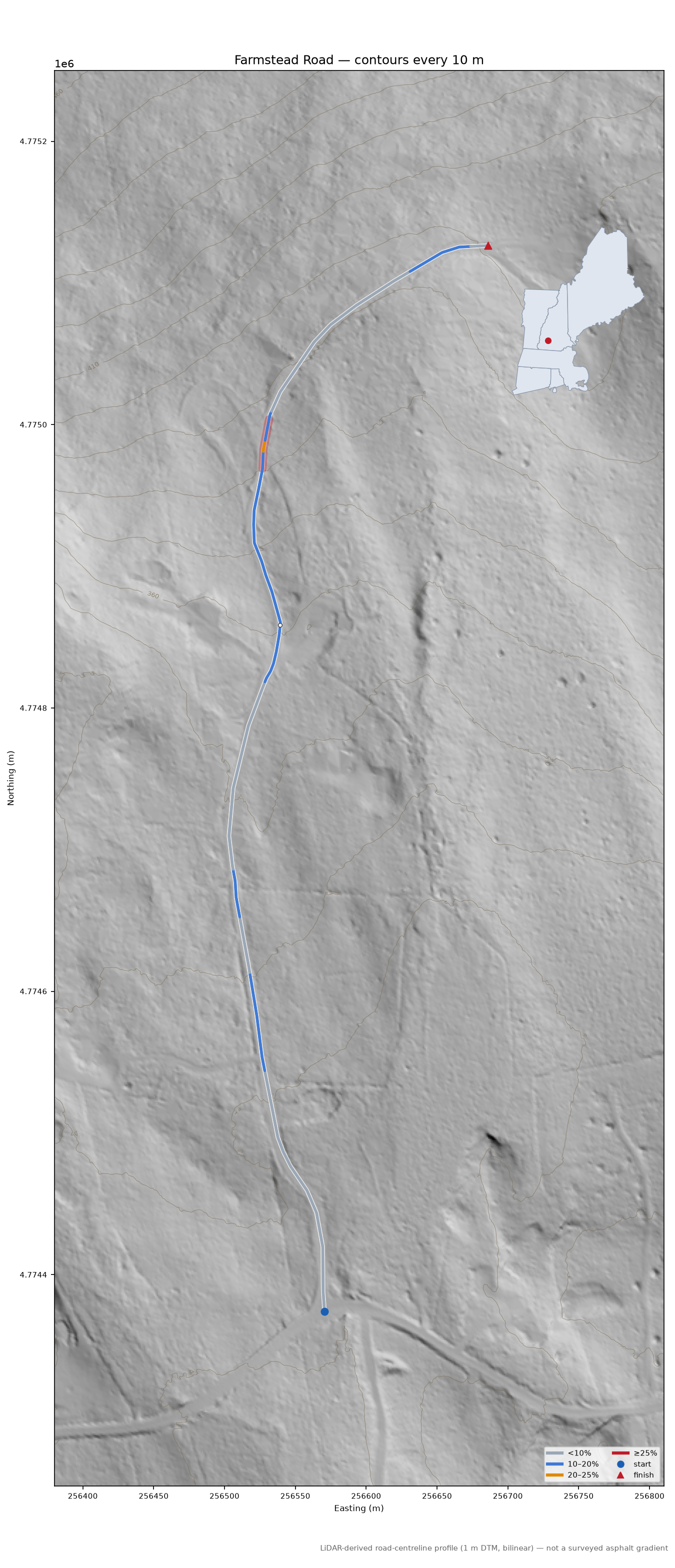 Farmstead Road LiDAR hillshade map with contours
