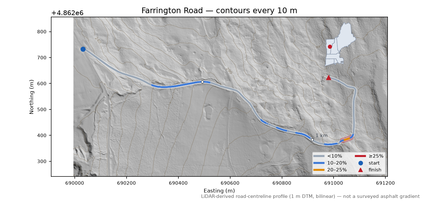 Farrington Road LiDAR hillshade map with contours