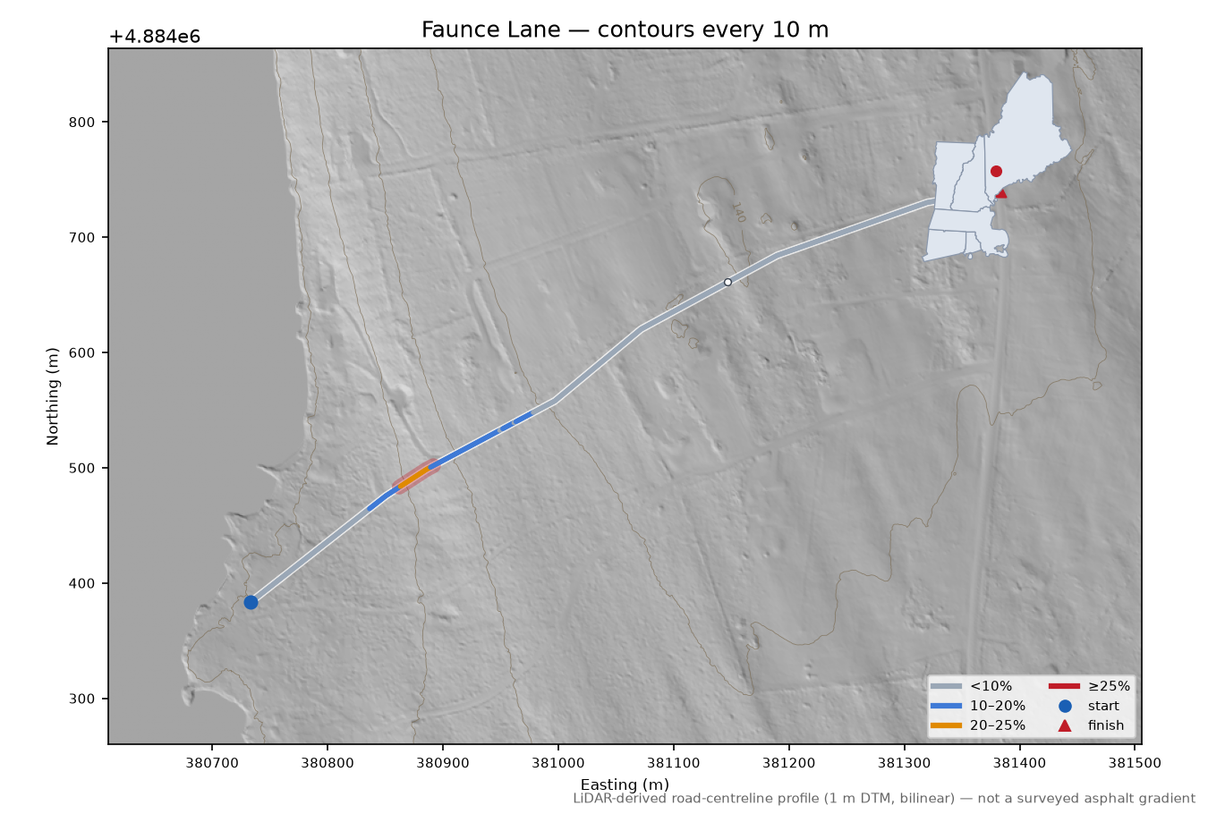 Faunce Lane LiDAR hillshade map with contours