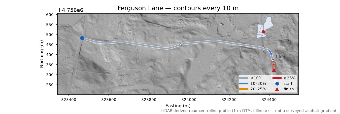 Ferguson Lane LiDAR hillshade map with contours