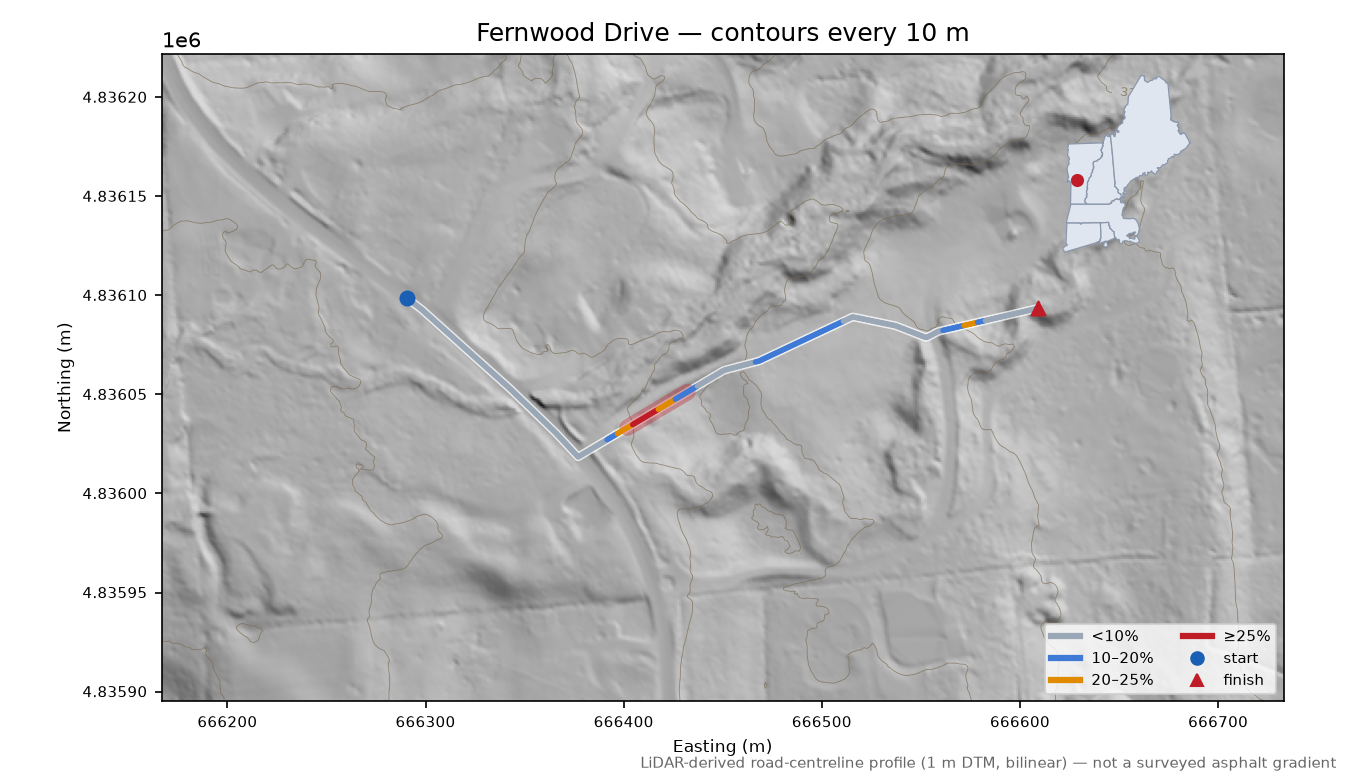 Fernwood Drive LiDAR hillshade map with contours