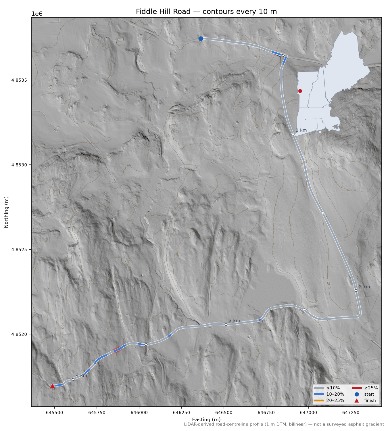 Fiddle Hill Road LiDAR hillshade map with contours