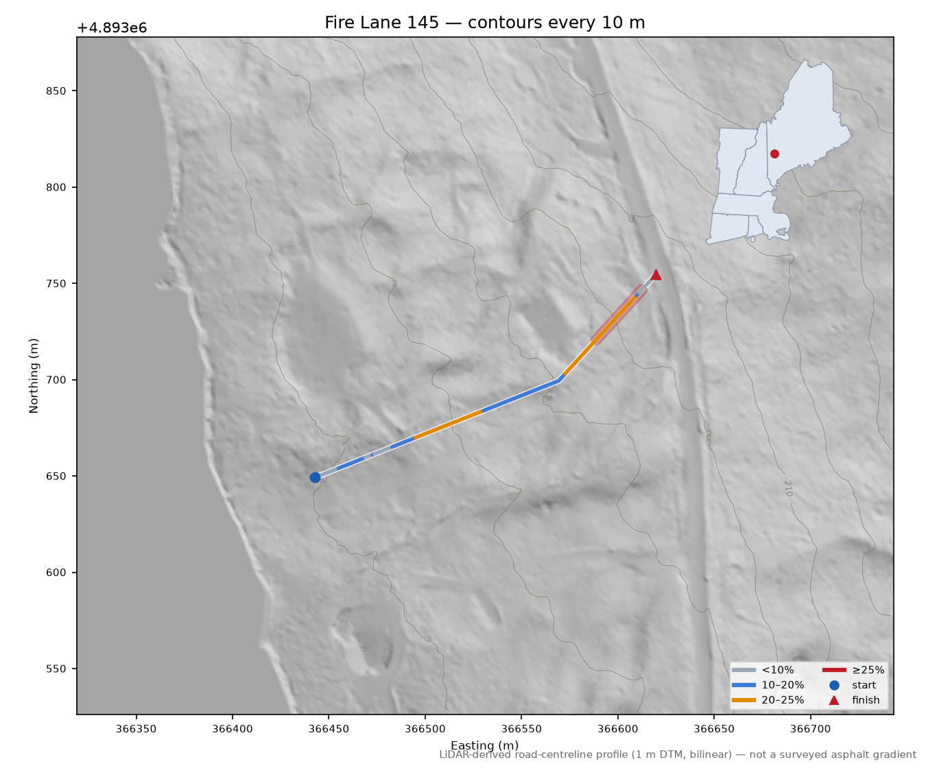 Fire Lane 145 LiDAR hillshade map with contours