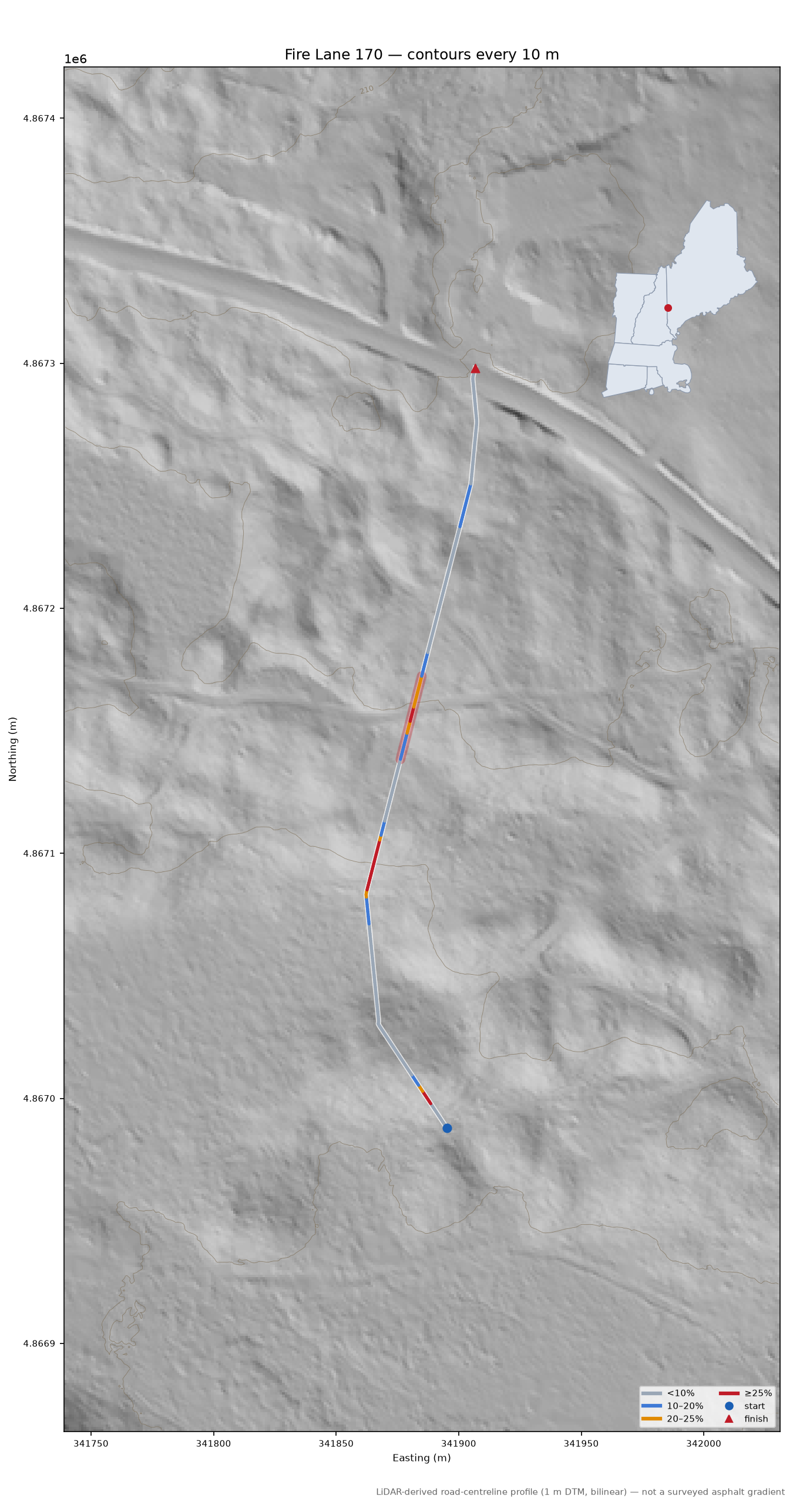 Fire Lane 170 LiDAR hillshade map with contours