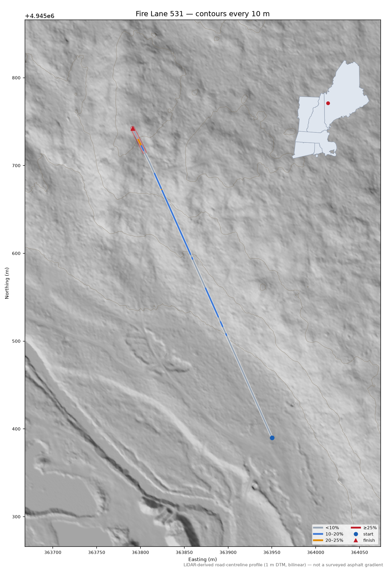 Fire Lane 531 LiDAR hillshade map with contours