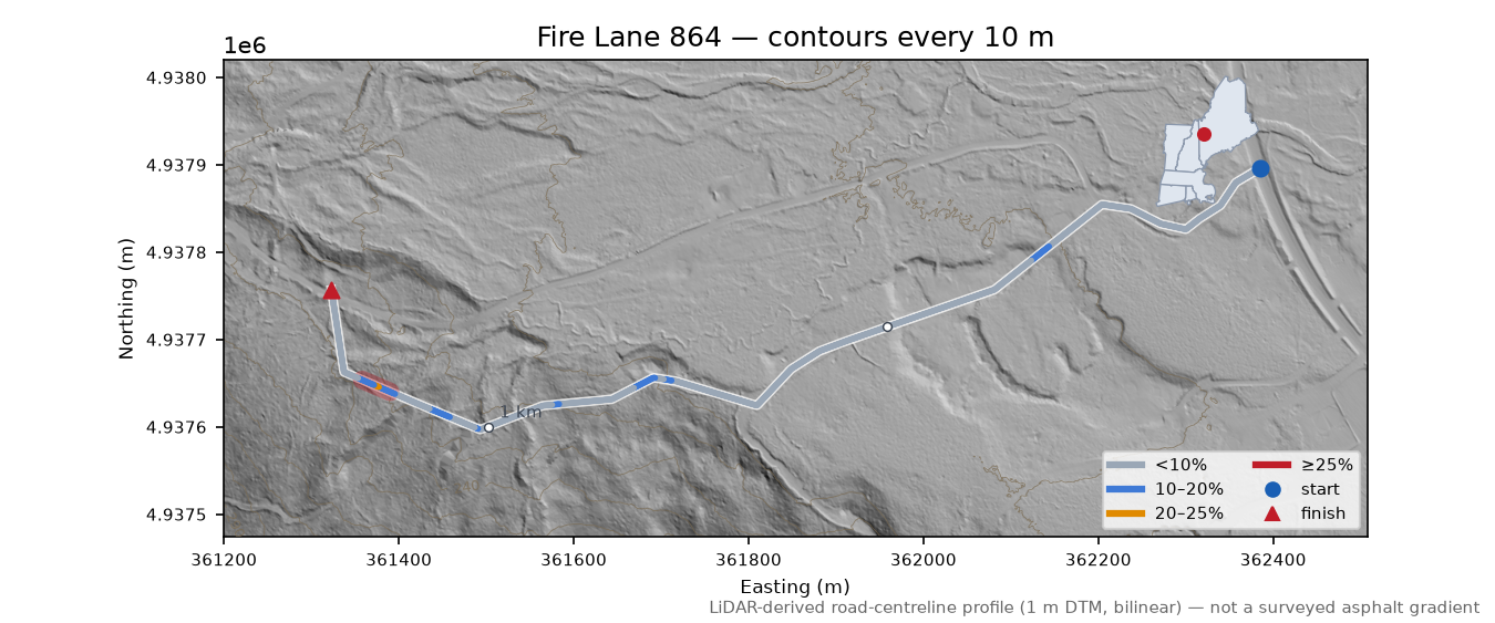 Fire Lane 864 LiDAR hillshade map with contours