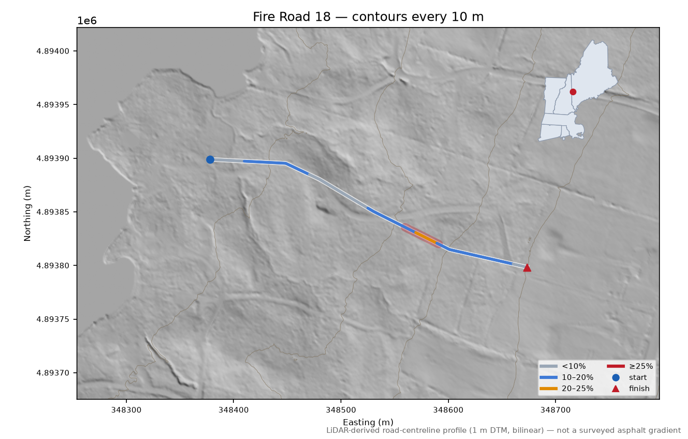 Fire Road 18 LiDAR hillshade map with contours