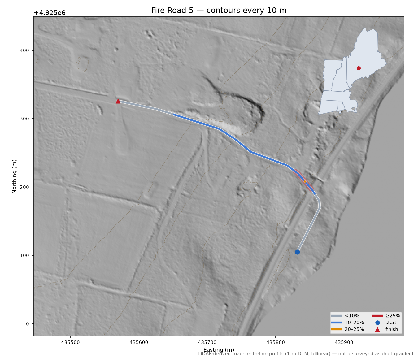 Fire Road 5 LiDAR hillshade map with contours