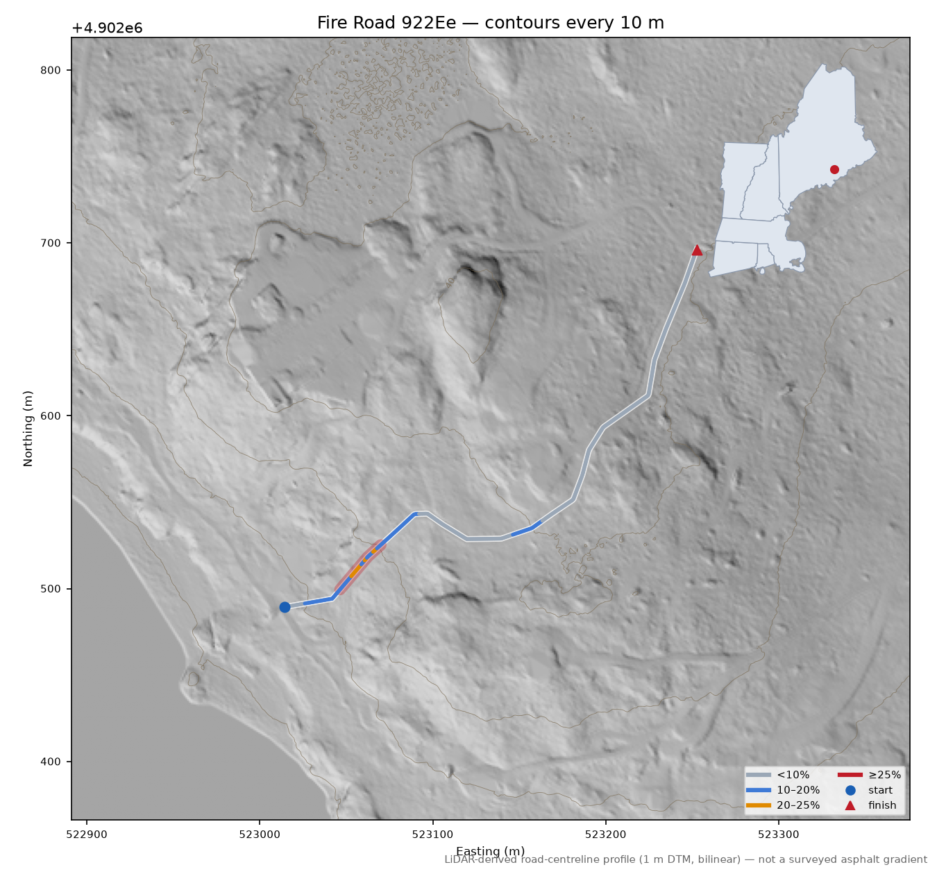 Fire Road 922Ee LiDAR hillshade map with contours