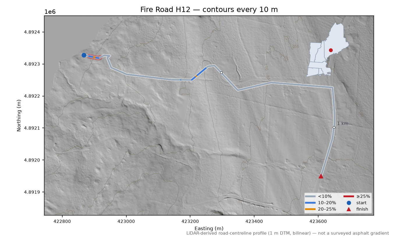 Fire Road H12 LiDAR hillshade map with contours