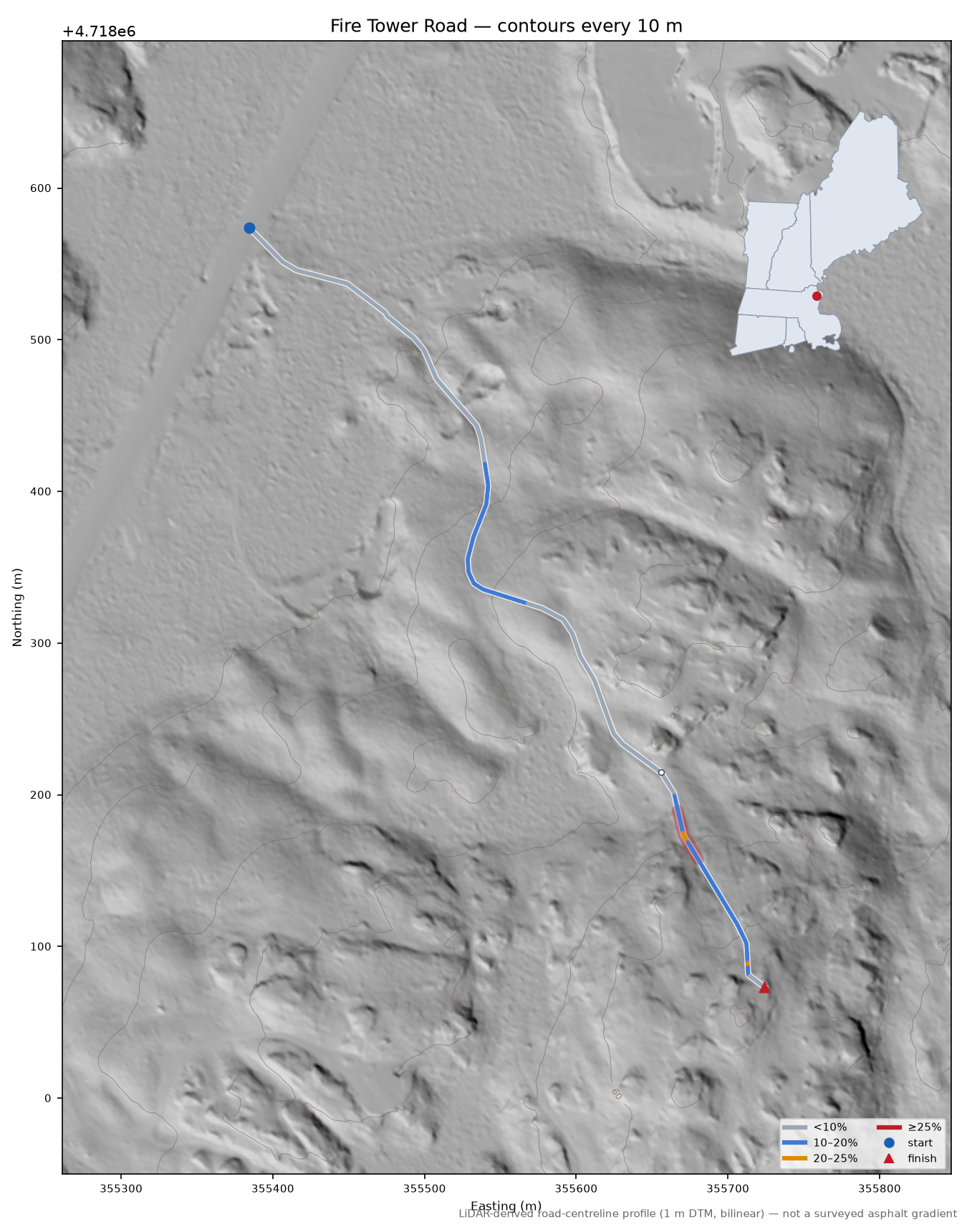Fire Tower Road LiDAR hillshade map with contours
