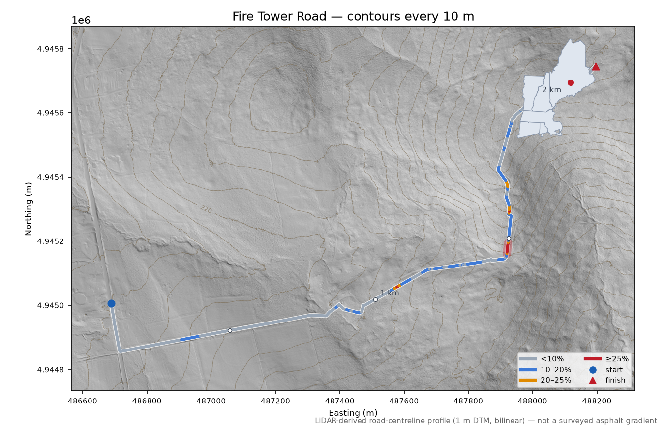 Fire Tower Road LiDAR hillshade map with contours