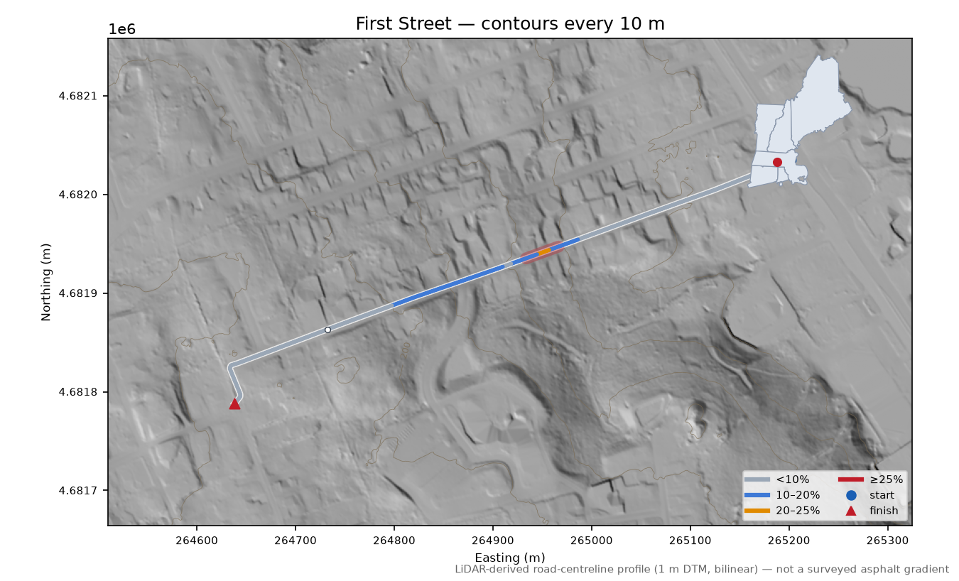 First Street LiDAR hillshade map with contours