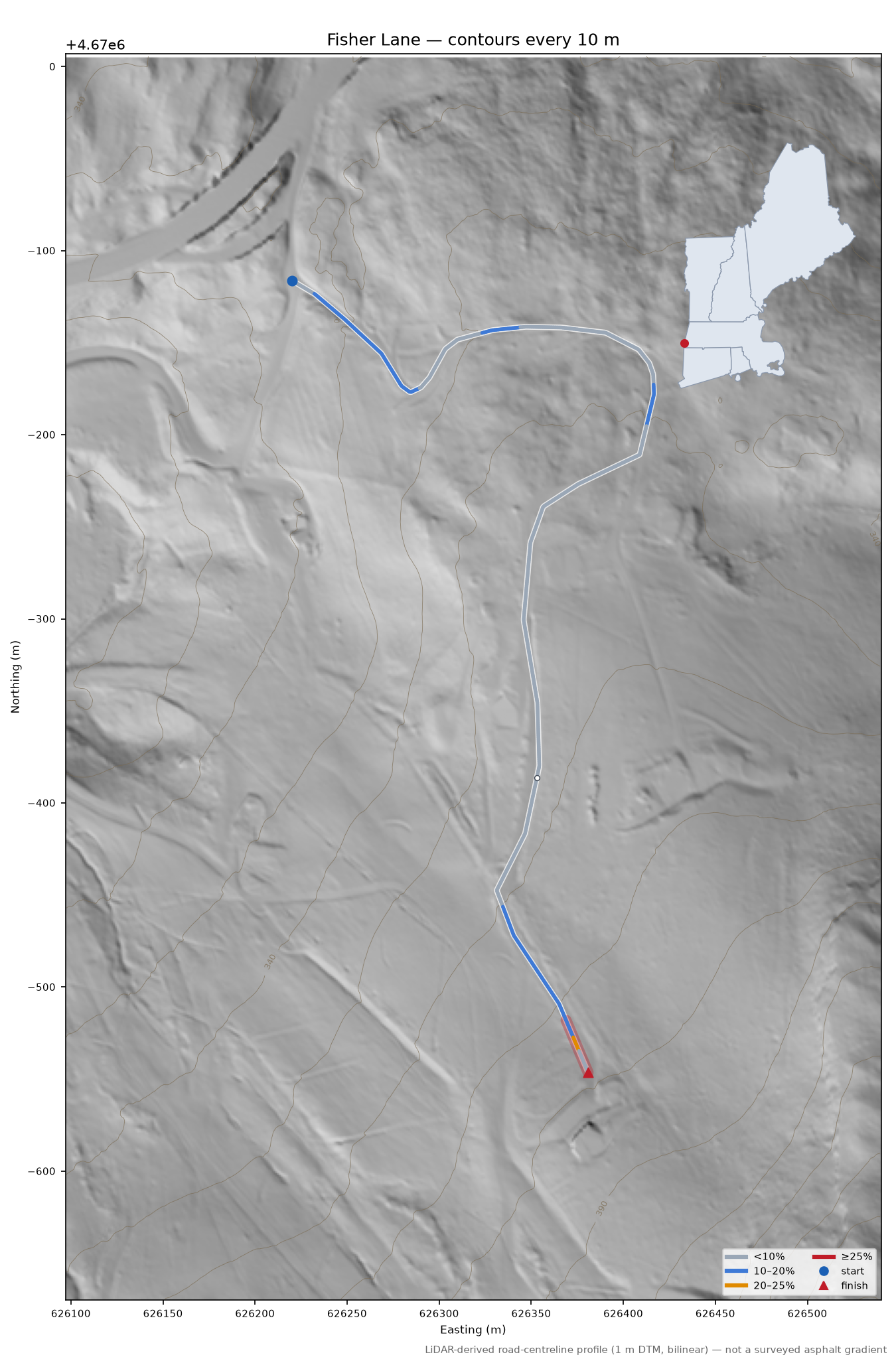 Fisher Lane LiDAR hillshade map with contours