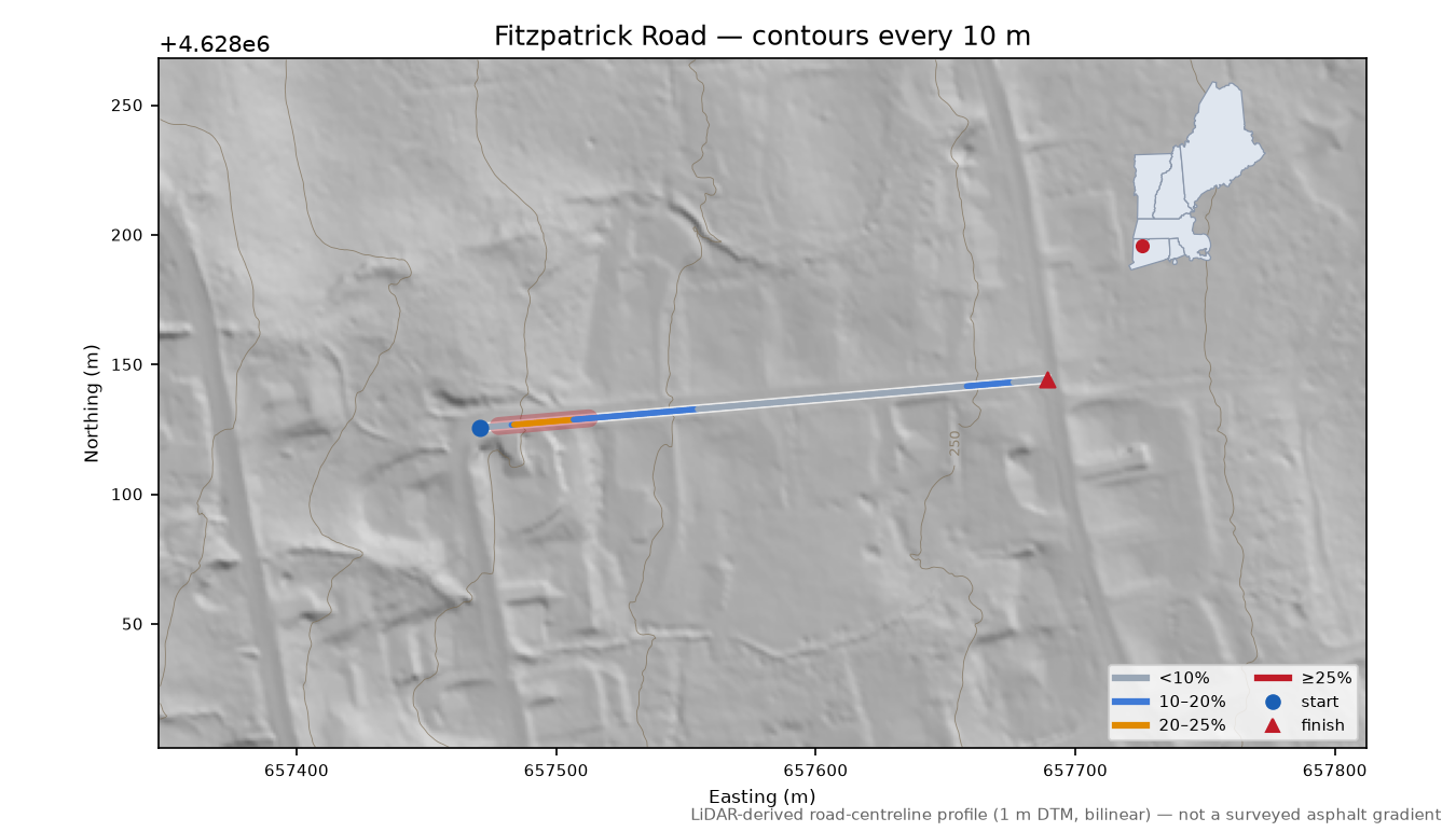 Fitzpatrick Road LiDAR hillshade map with contours