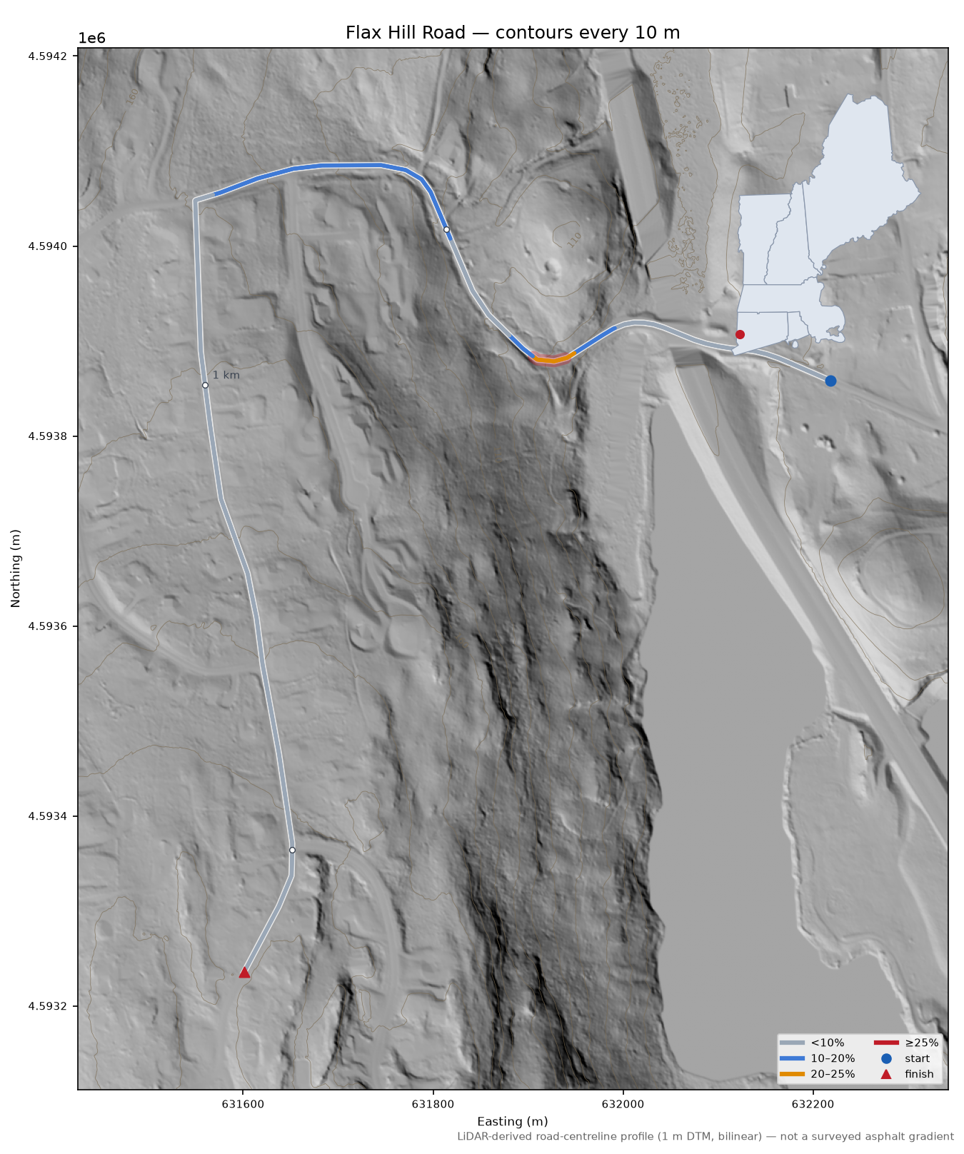 Flax Hill Road LiDAR hillshade map with contours