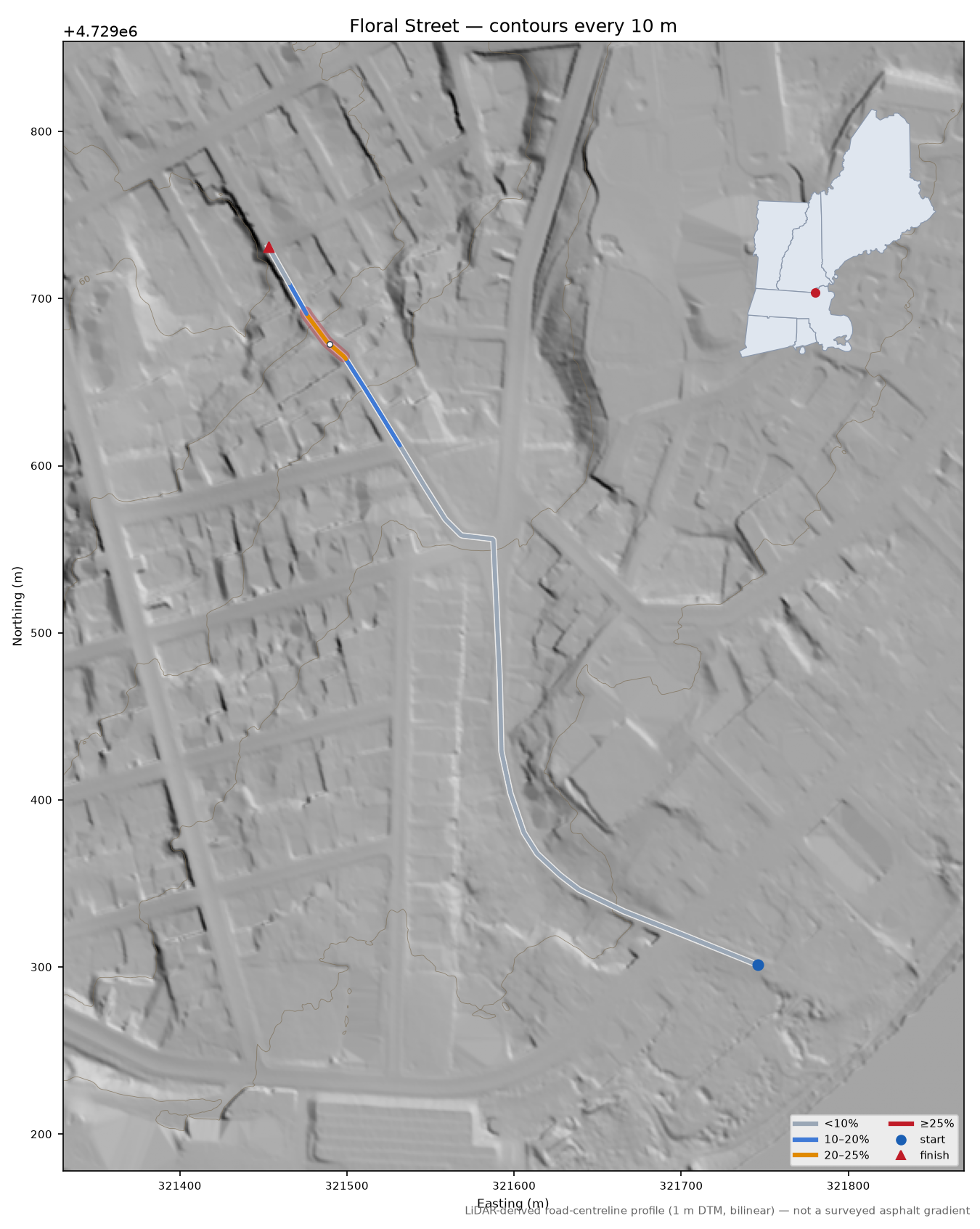 Floral Street LiDAR hillshade map with contours