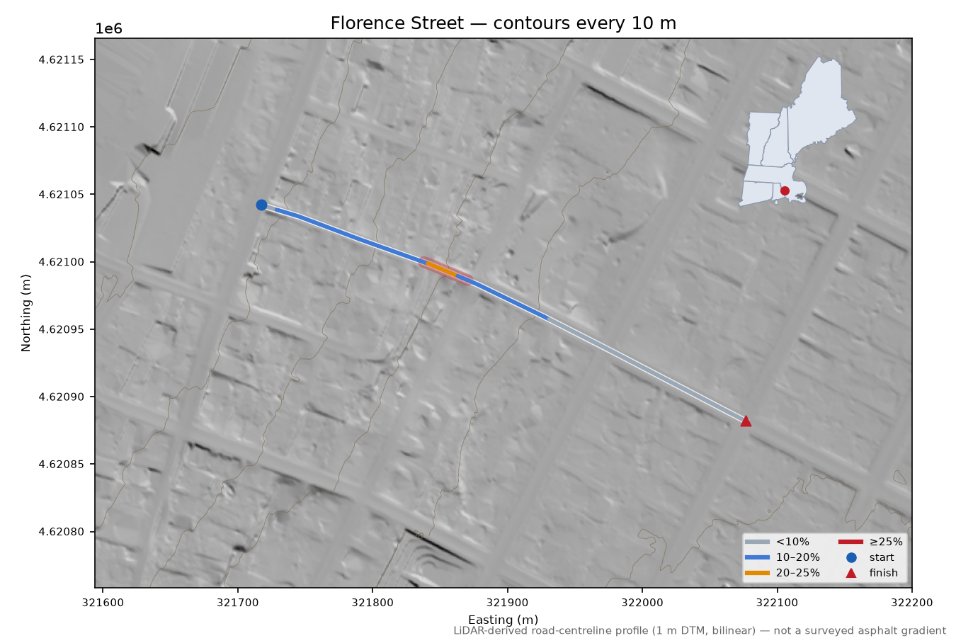 Florence Street LiDAR hillshade map with contours