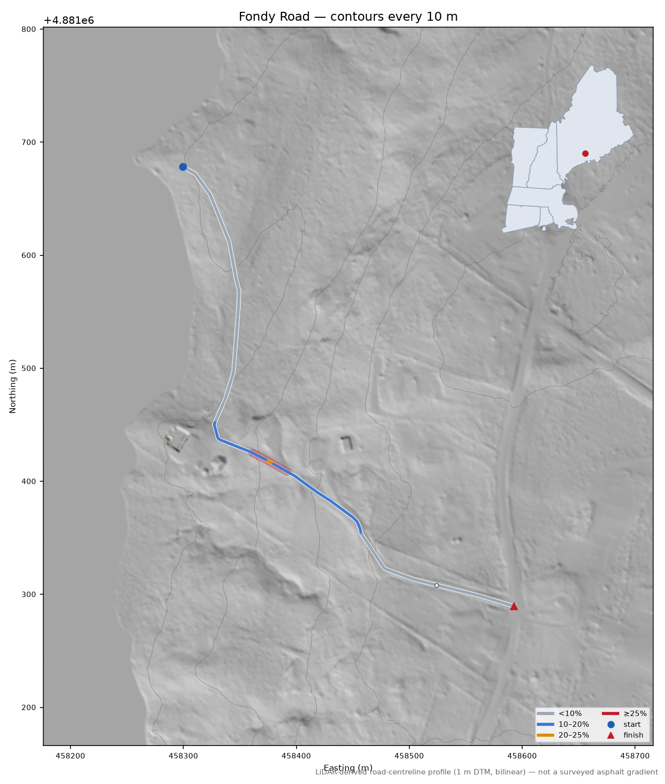 Fondy Road LiDAR hillshade map with contours