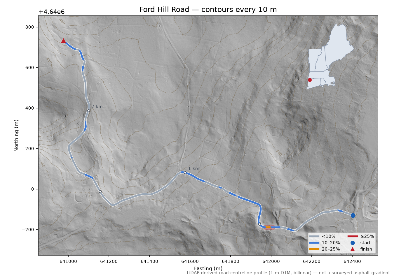 Ford Hill Road LiDAR hillshade map with contours
