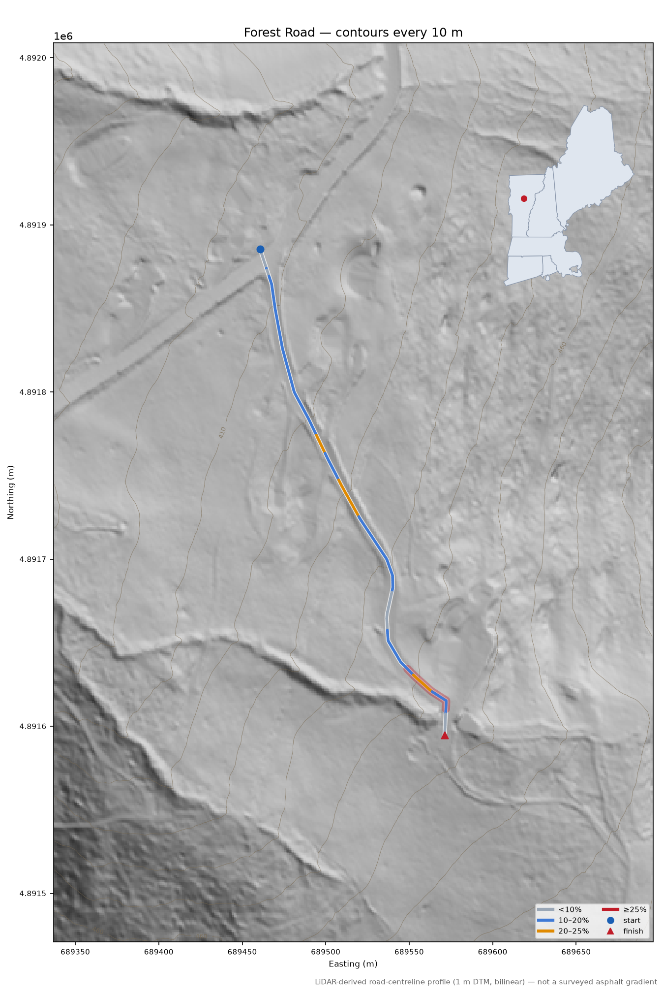 Forest Road LiDAR hillshade map with contours