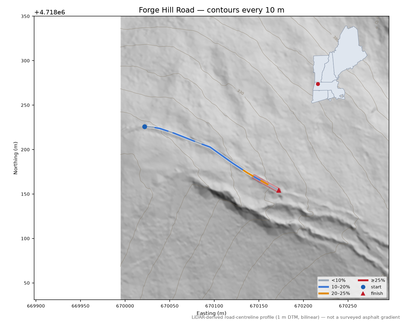 Forge Hill Road LiDAR hillshade map with contours