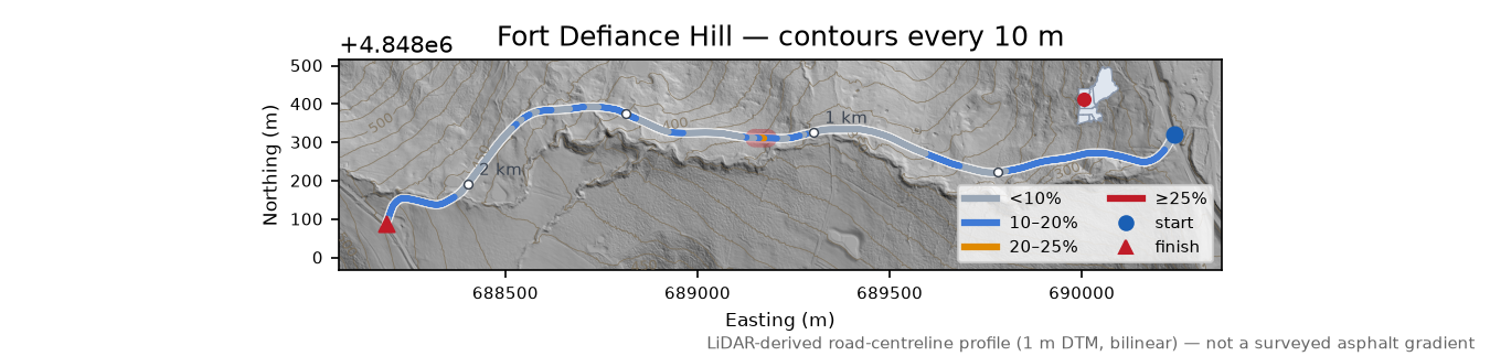 Fort Defiance Hill LiDAR hillshade map with contours