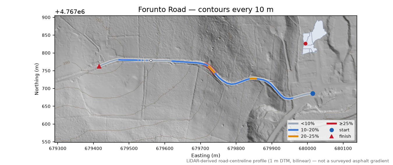Forunto Road LiDAR hillshade map with contours