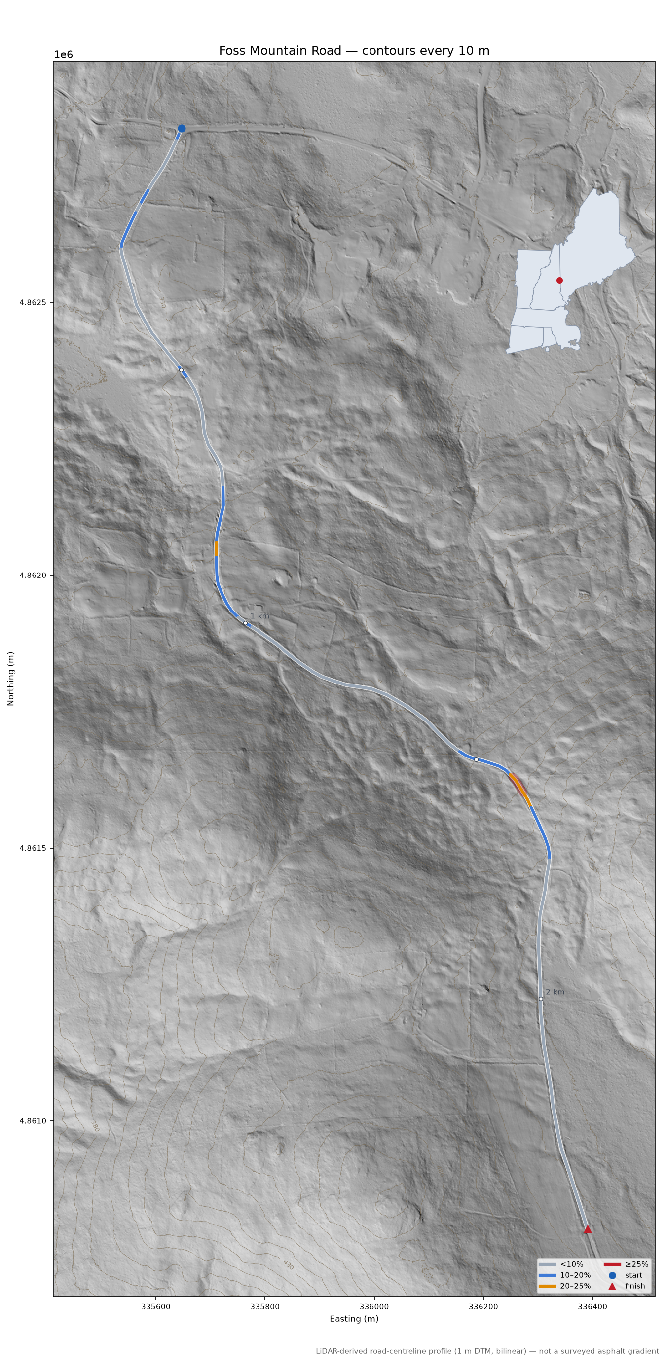 Foss Mountain Road LiDAR hillshade map with contours